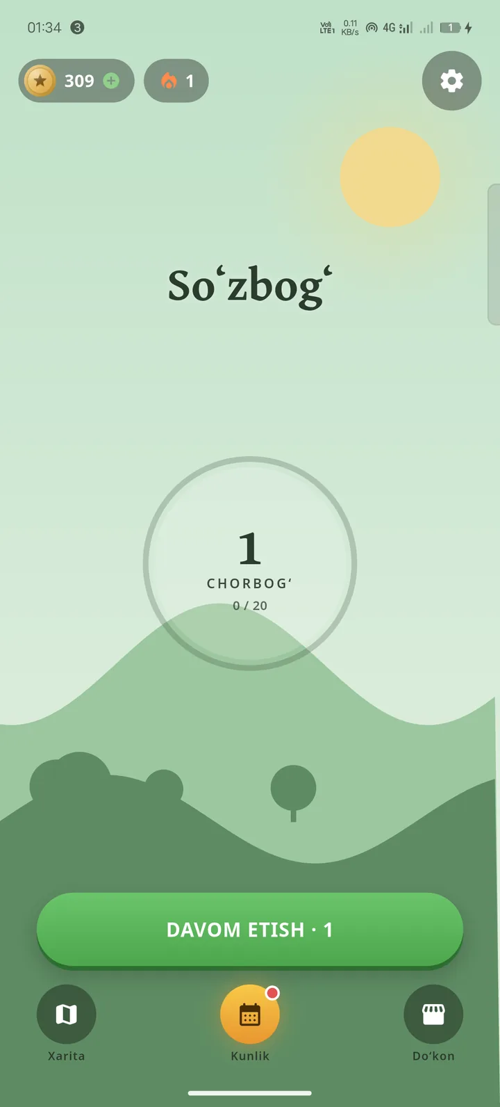Soʻzbogʻ home screen showing the current level, coin balance and daily streak over an illustrated hillside at sunrise