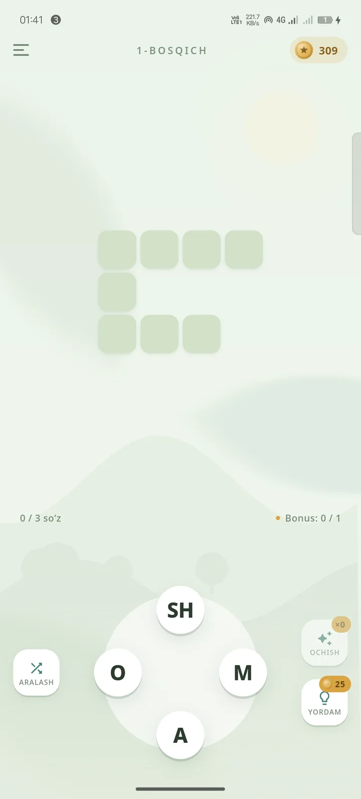 Soʻzbogʻ gameplay screen with an empty crossword grid and a wheel of Uzbek letters at the bottom
