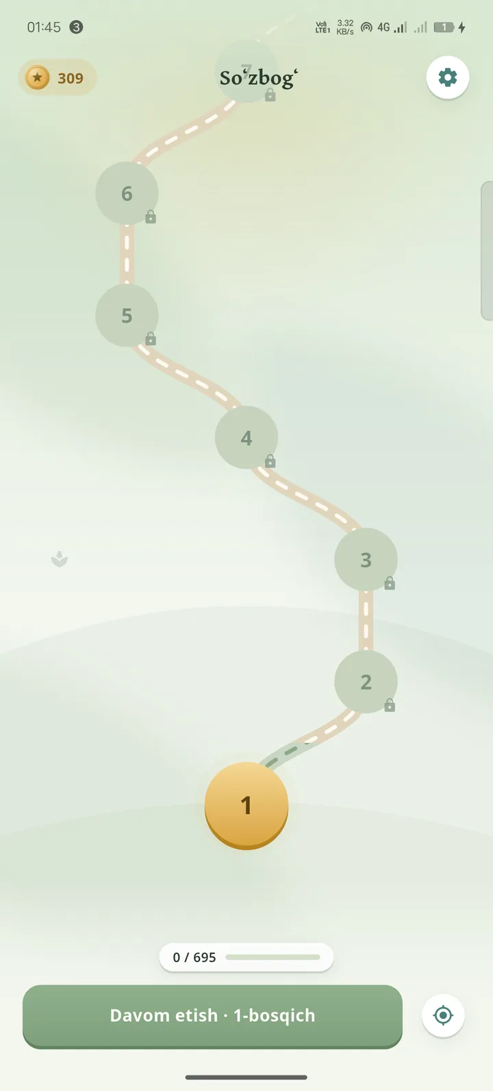 Soʻzbogʻ level map showing a winding path through numbered level nodes, with the first level unlocked