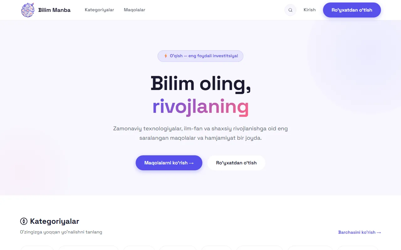 The Bilim Manba home page with the headline “Bilim oling, rivojlaning” and buttons to browse articles