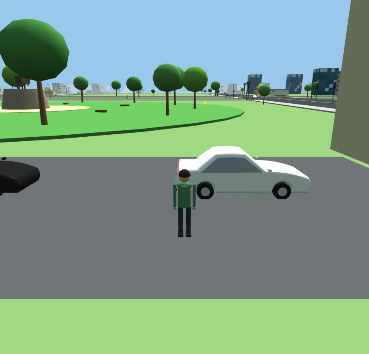 The player character standing on a road beside parked cars, with trees and city buildings in the background