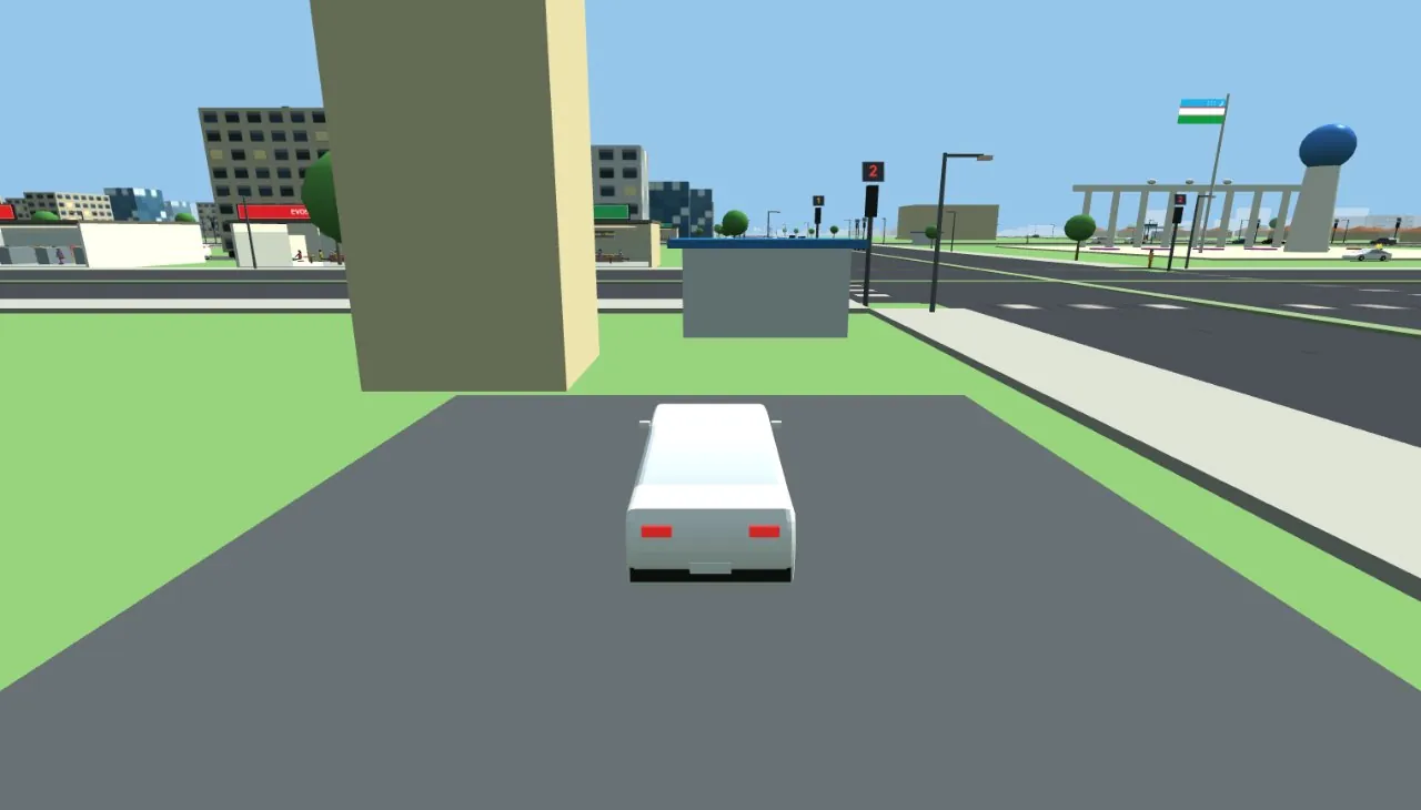 Driving a white sedan down a Tashkent street in TASHKENT CITY, with an Uzbek flag, traffic lights and low-poly buildings ahead