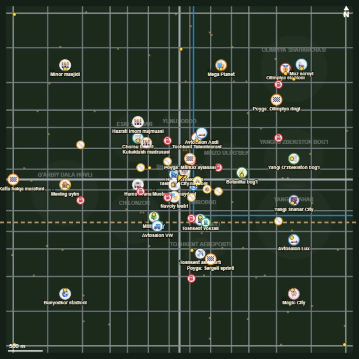 The in-game city map of Tashkent showing named landmarks including Chorsu, the TV tower, Magic City, the airport and the Olympic quarter